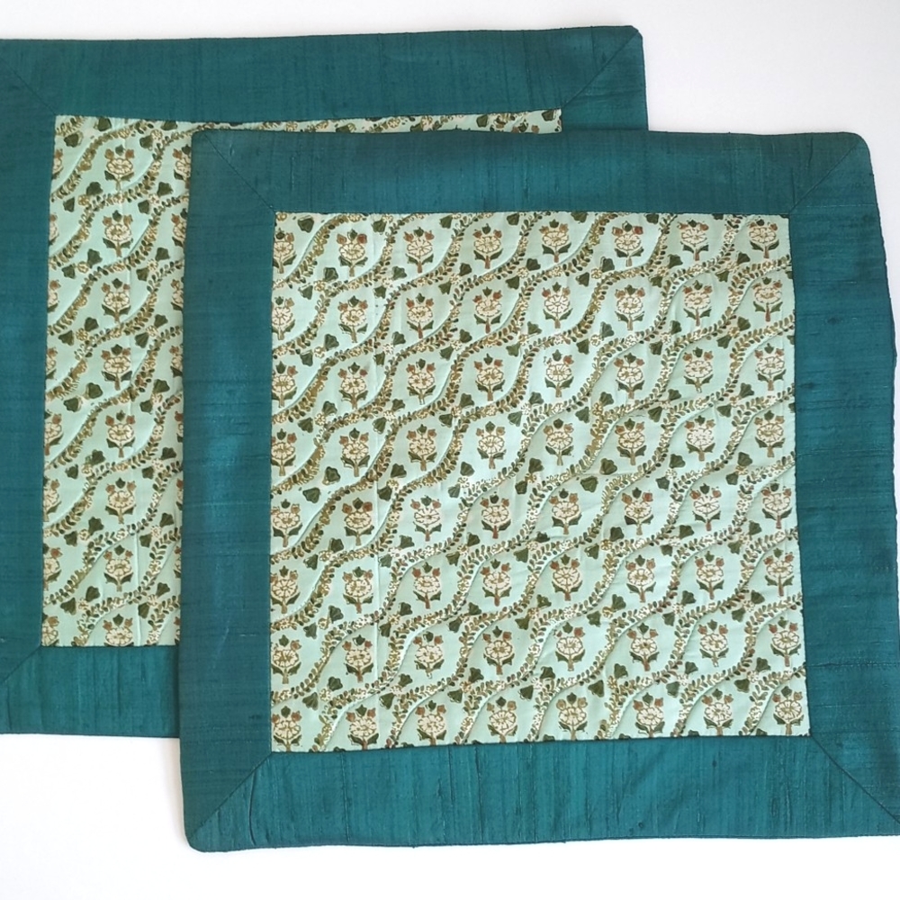 Set of 2 Silk Vintage Teal Trimmed Cream Floral Quilted 15”x 15” Pillow Shams